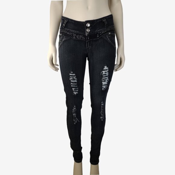 Vintage Denim - Vintage 2000s Low Rise Stretch Denim Distressed Jeweled Skinny Jeans